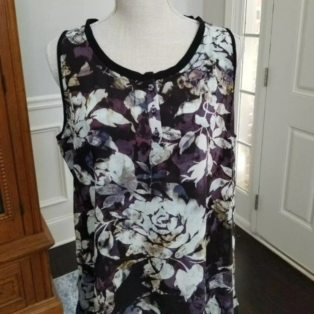 Simply Vera Vera Wang Floral Print Sleeveless Top Bodice Buttons Size Large - Picture 2 of 10